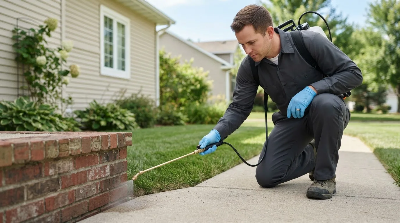 Pest control technician treating a home near Groom, TX