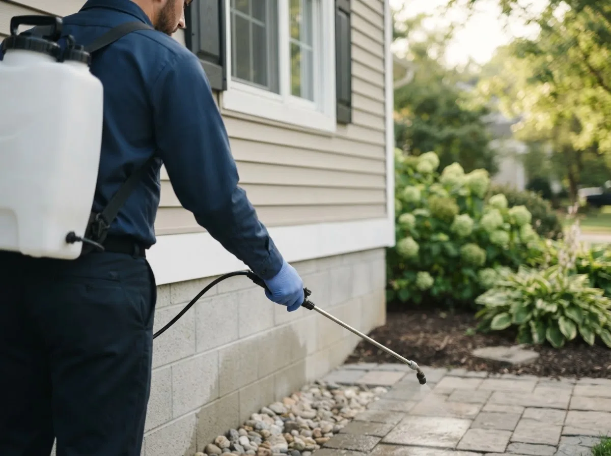 Pest control technician inspecting a home in Groom, TX